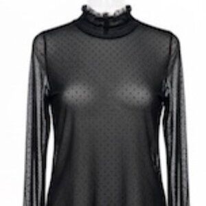 Black Sheer Mesh Dot Mock-Neck Long Sleeve Top M/L
